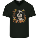 A Shih Tzu Dog Surrounded by Flowers Mens V-Neck Cotton T-Shirt Black