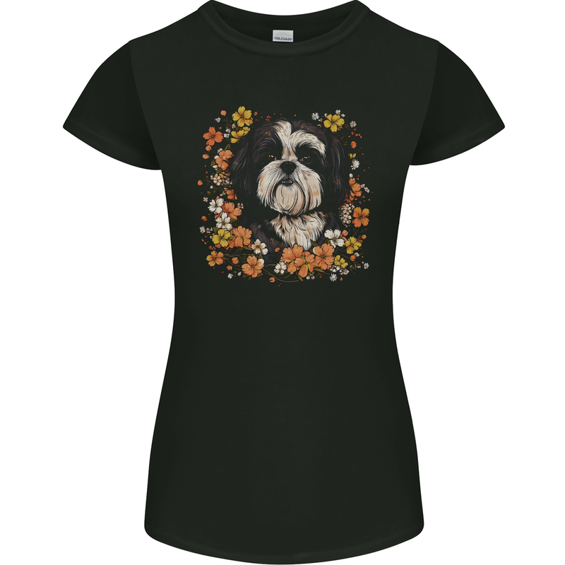A Shih Tzu Dog Surrounded by Flowers Womens Petite Cut T-Shirt Black