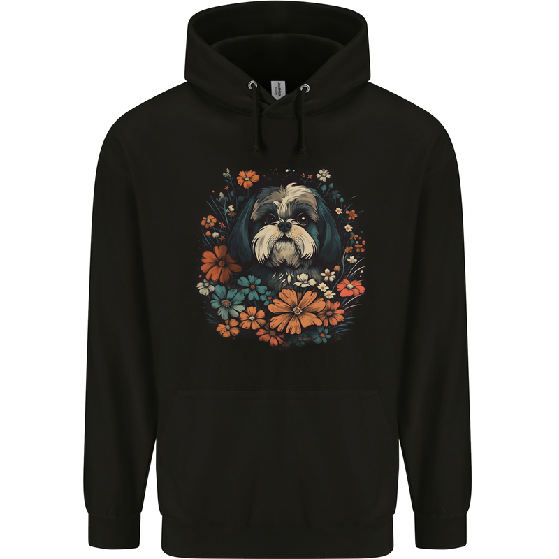 A Shih Tzu Dog With Flowers Childrens Kids Hoodie Black