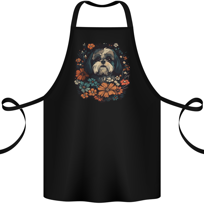 A Shih Tzu Dog With Flowers Cotton Apron 100% Organic Black