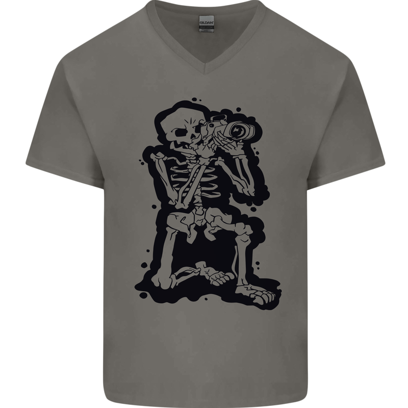 A Skeleton Photographer Photography Mens V-Neck Cotton T-Shirt Charcoal