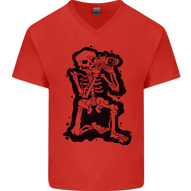 A Skeleton Photographer Photography Mens V-Neck Cotton T-Shirt Red