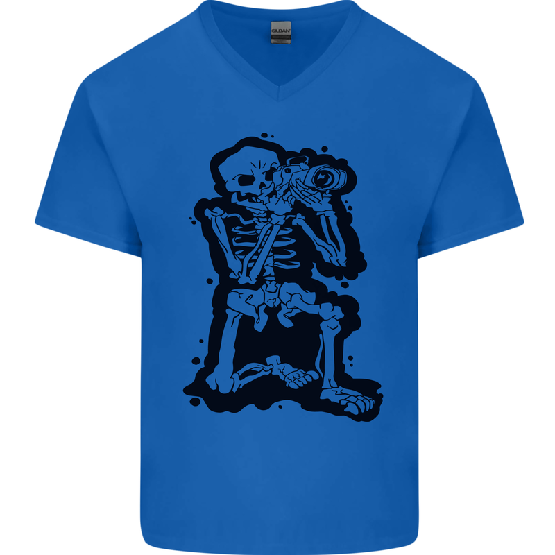 A Skeleton Photographer Photography Mens V-Neck Cotton T-Shirt Royal Blue