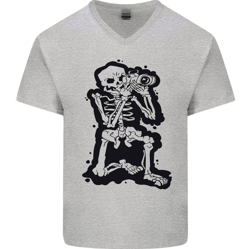 A Skeleton Photographer Photography Mens V-Neck Cotton T-Shirt Sports Grey