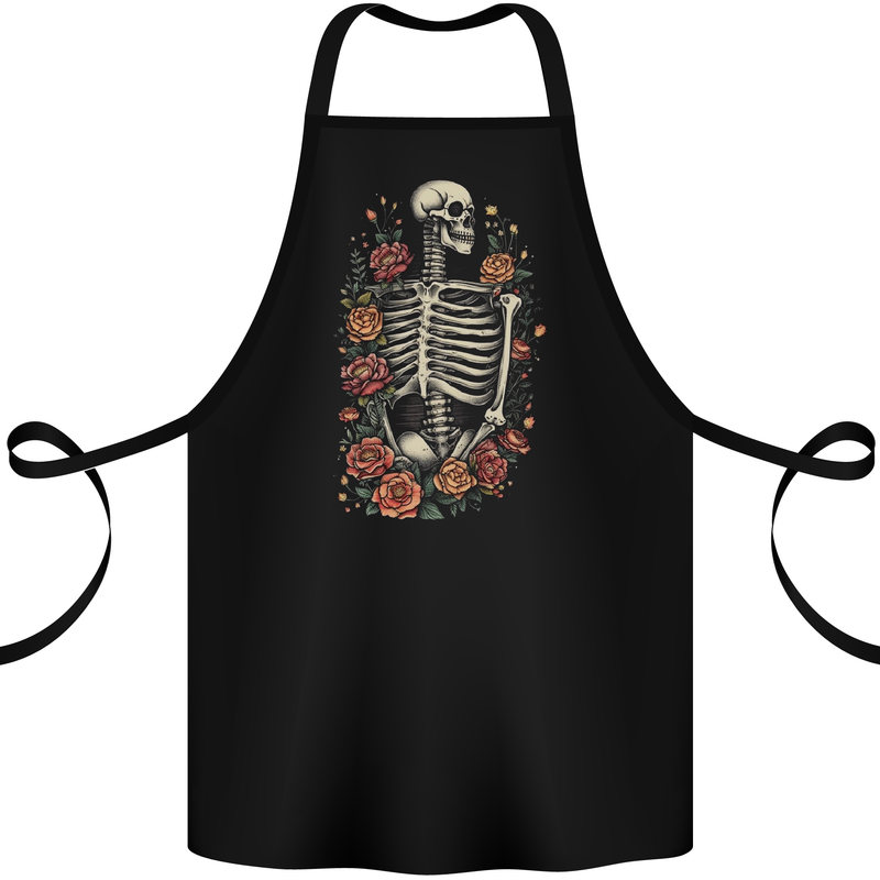 A Skeleton With Flowers Skull Cotton Apron 100% Organic Black