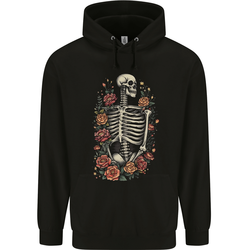 A Skeleton With Flowers Skull Mens 80% Cotton Hoodie Black