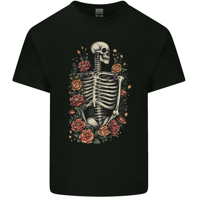 A Skeleton With Flowers Skull Mens Cotton T-Shirt Tee Top Black