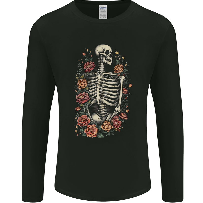A Skeleton With Flowers Skull Mens Long Sleeve T-Shirt Black