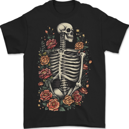A Skeleton With Flowers Skull Mens T-Shirt 100% Cotton BLACK