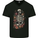 A Skeleton With Flowers Skull Mens V-Neck Cotton T-Shirt Black