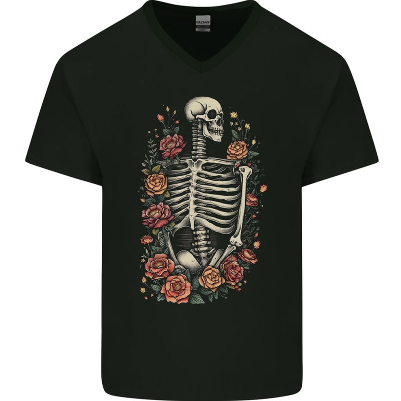 A Skeleton With Flowers Skull Mens V-Neck Cotton T-Shirt Black