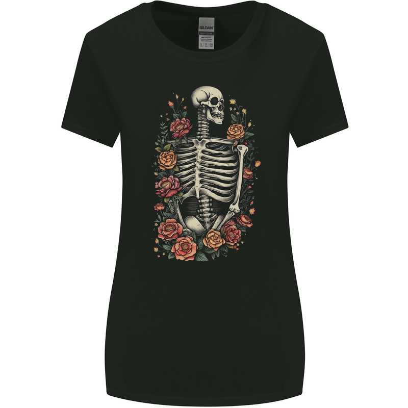 A Skeleton With Flowers Skull Womens Wider Cut T-Shirt Black