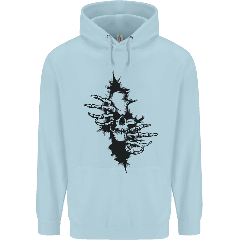 A Skull From a Ripped Shirt Gothic Goth Biker Childrens Kids Hoodie Light Blue