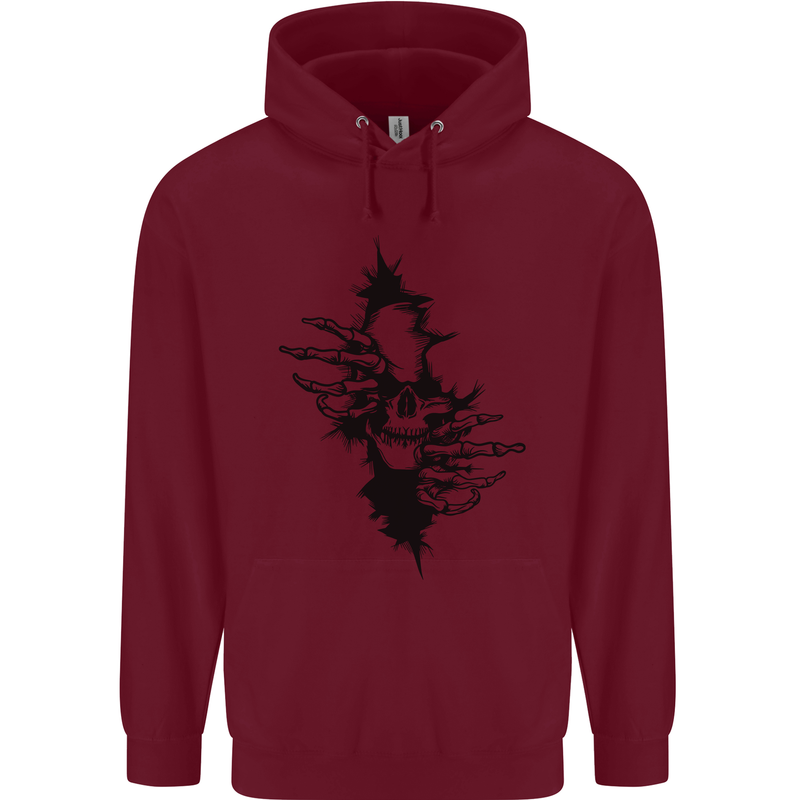 A Skull From a Ripped Shirt Gothic Goth Biker Childrens Kids Hoodie Maroon