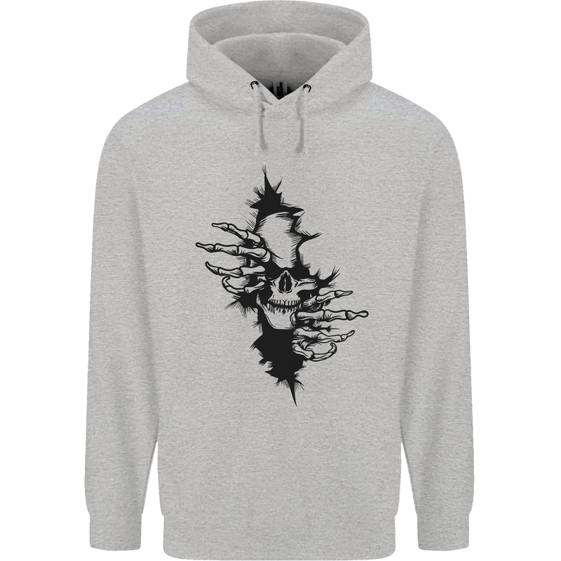 A Skull From a Ripped Shirt Gothic Goth Biker Childrens Kids Hoodie Sports Grey