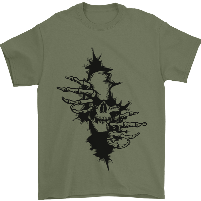 A Skull From a Ripped Shirt Gothic Goth Biker Mens T-Shirt 100% Cotton Military Green