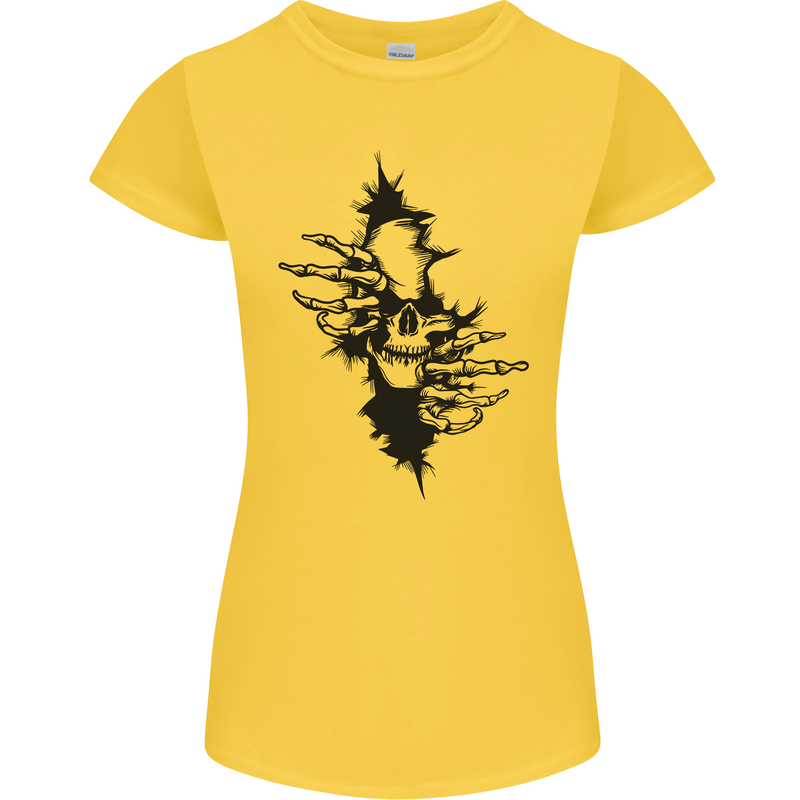A Skull From a Ripped Shirt Gothic Goth Biker Womens Petite Cut T-Shirt Yellow