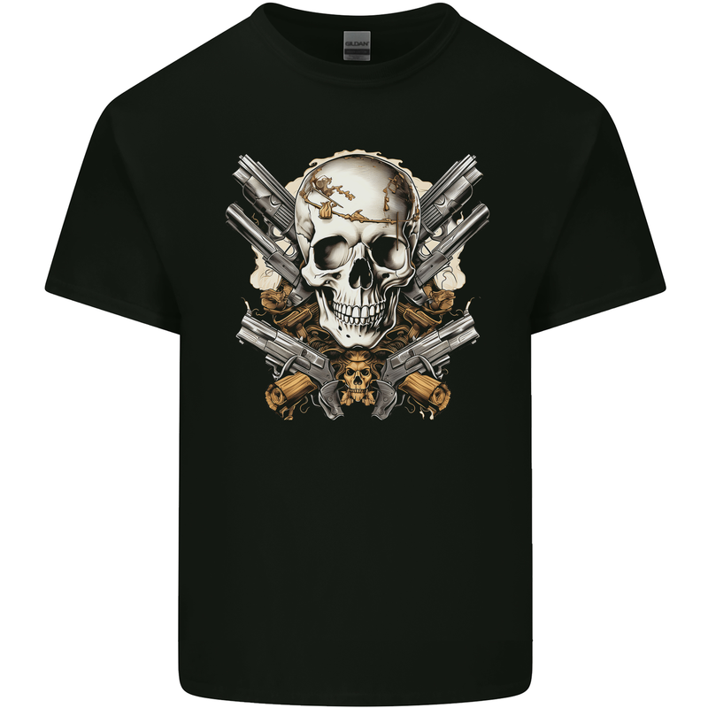 A Skull With Guns Cowboy Biker Mens Cotton T-Shirt Tee Top Black
