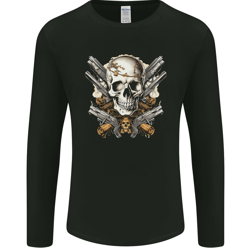 A Skull With Guns Cowboy Biker Mens Long Sleeve T-Shirt Black