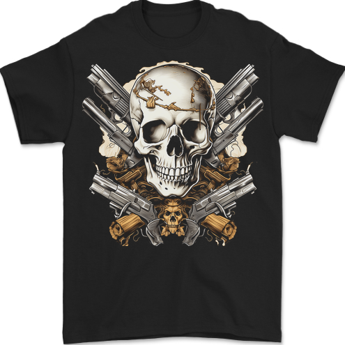 A Skull With Guns Cowboy Biker Mens T-Shirt 100% Cotton BLACK