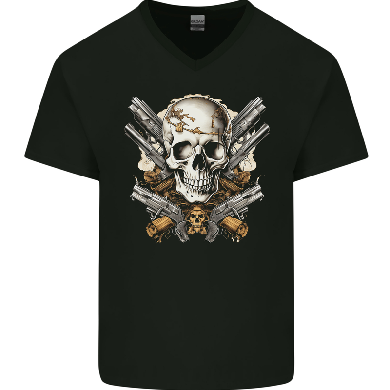 A Skull With Guns Cowboy Biker Mens V-Neck Cotton T-Shirt Black
