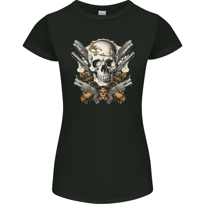 A Skull With Guns Cowboy Biker Womens Petite Cut T-Shirt Black