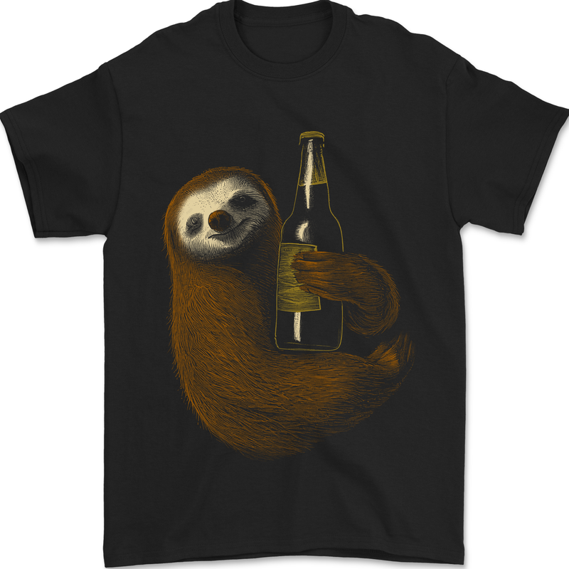 a black shirt with a slotty holding a beer bottle