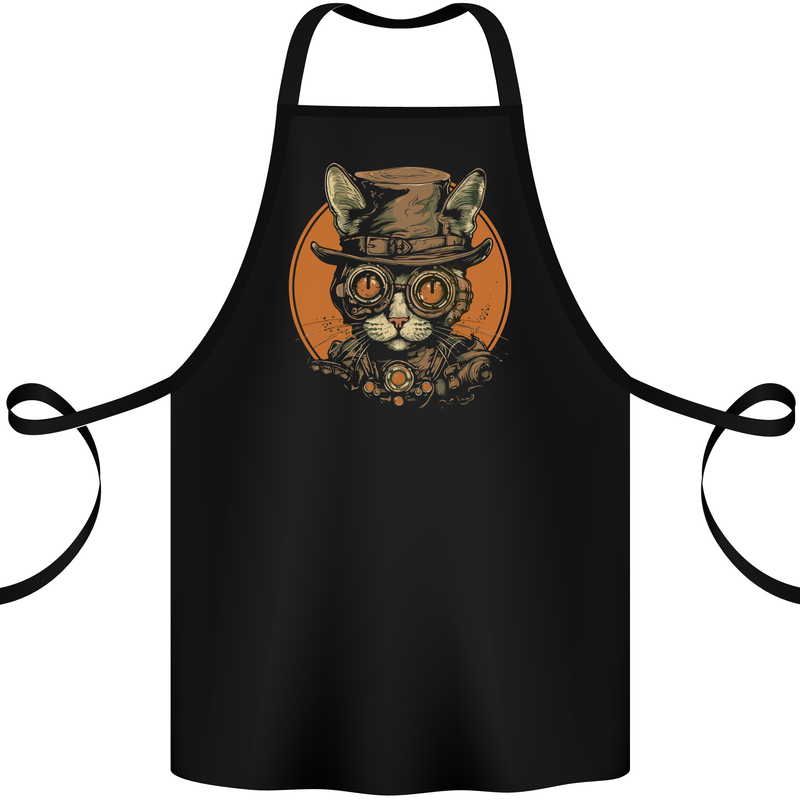 A Steampunk Cat With a Hat & Glasses Cotton Apron 100% Organic Black