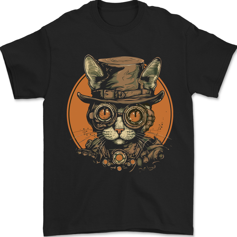 A Steampunk Cat With a Hat & Glasses Mens T-Shirt 100% Cotton Black