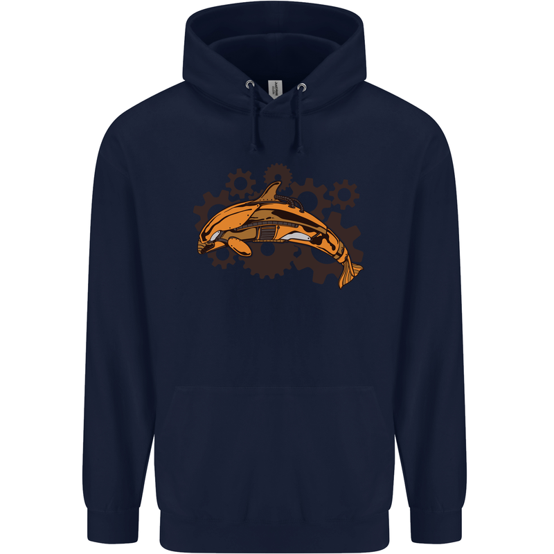 A Steampunk Dolphin Mens 80% Cotton Hoodie Navy Blue