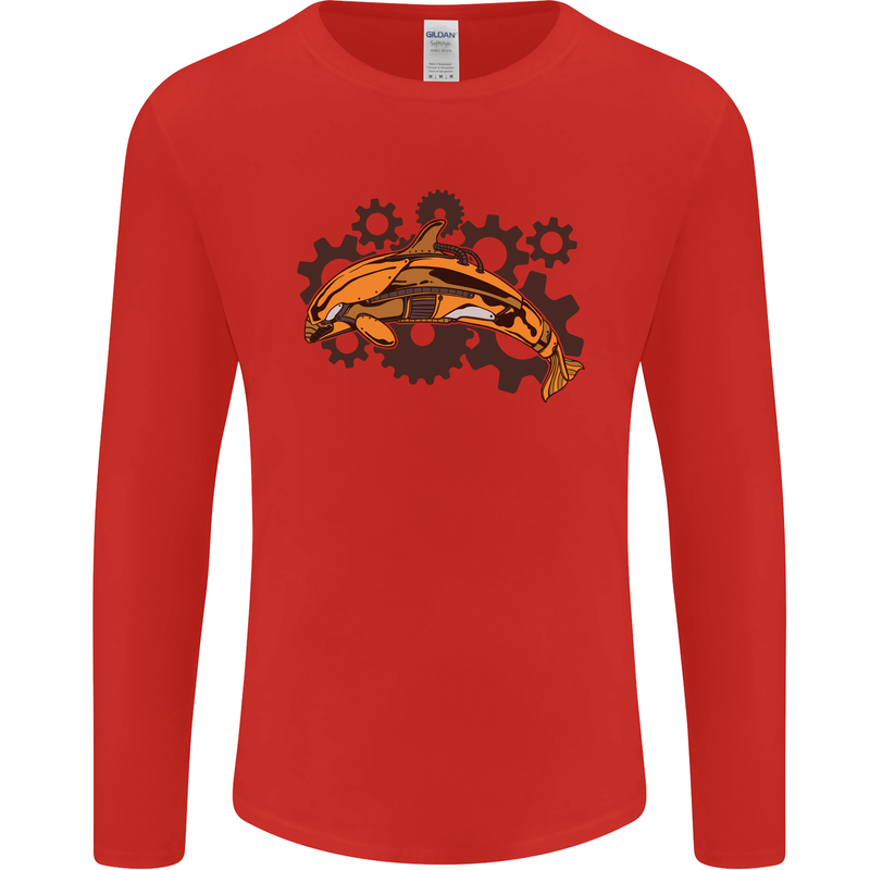 A Steampunk Dolphin Mens Long Sleeve T-Shirt Red