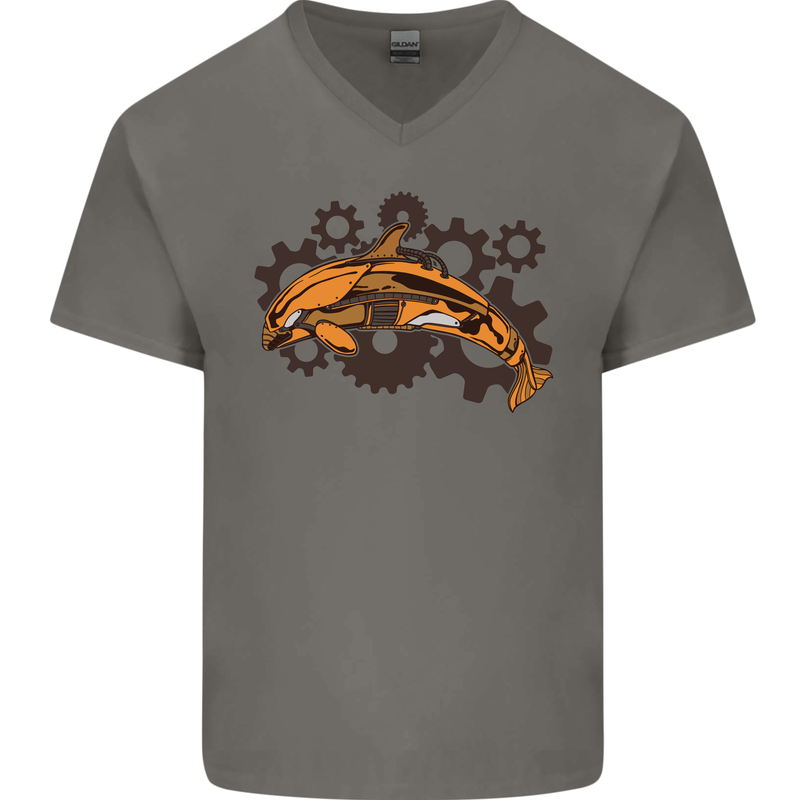 A Steampunk Dolphin Mens V-Neck Cotton T-Shirt Charcoal