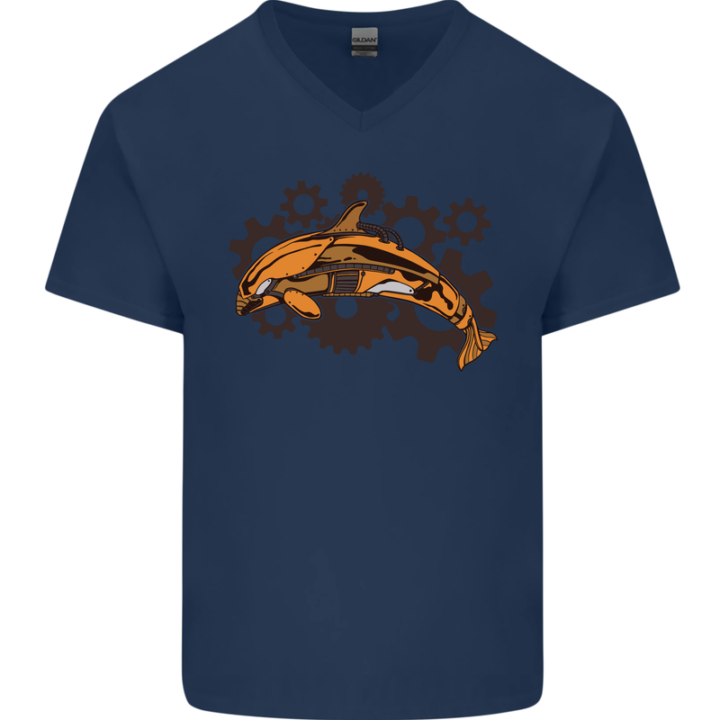 A Steampunk Dolphin Mens V-Neck Cotton T-Shirt Navy Blue