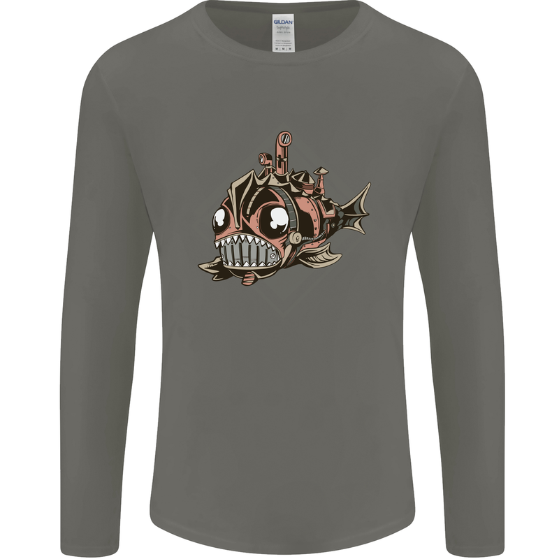 A Steampunk Fish Mens Long Sleeve T-Shirt Charcoal