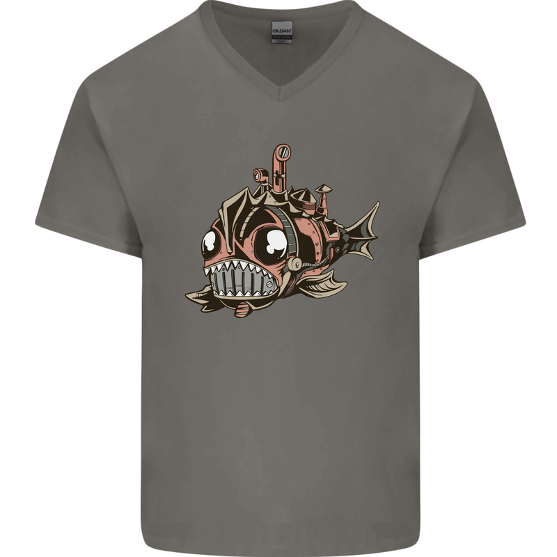 A Steampunk Fish Mens V-Neck Cotton T-Shirt Charcoal