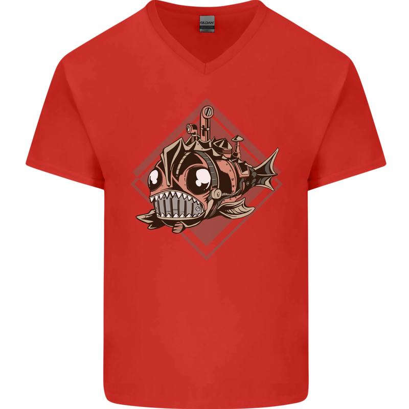 A Steampunk Fish Mens V-Neck Cotton T-Shirt Red