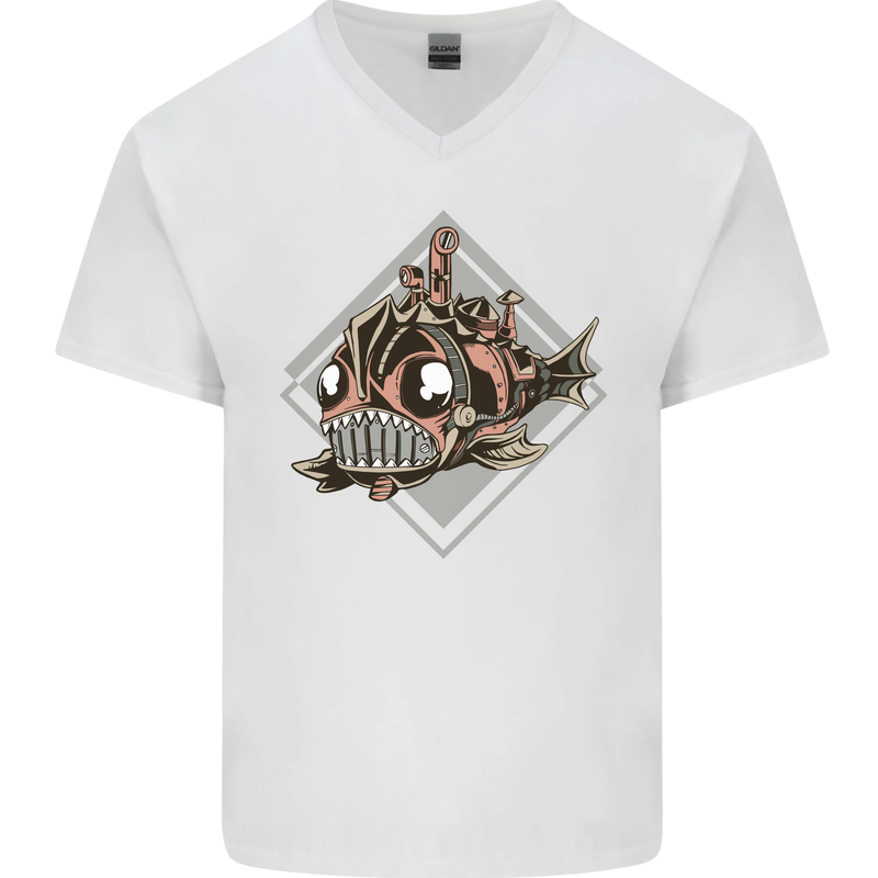 A Steampunk Fish Mens V-Neck Cotton T-Shirt White