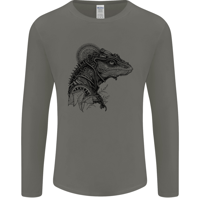 A Steampunk Iguana Lizard Reptiles Mens Long Sleeve T-Shirt Charcoal