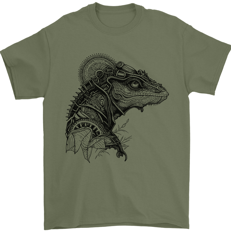 A Steampunk Iguana Lizard Reptiles Mens T-Shirt 100% Cotton Military Green