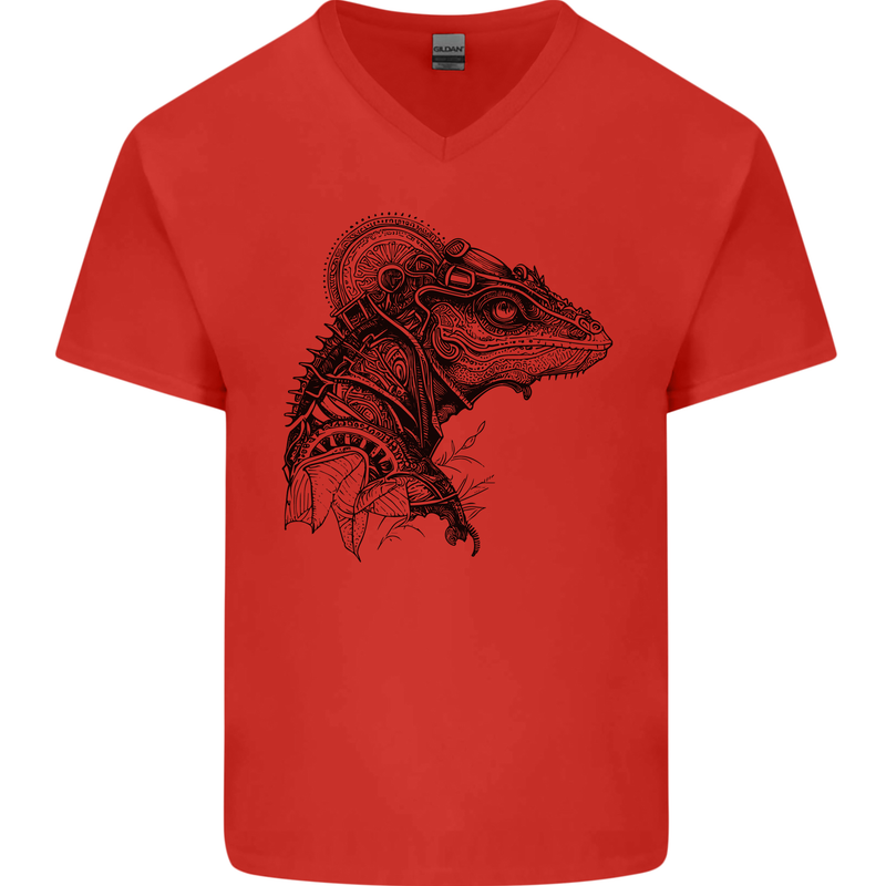 A Steampunk Iguana Lizard Reptiles Mens V-Neck Cotton T-Shirt Red