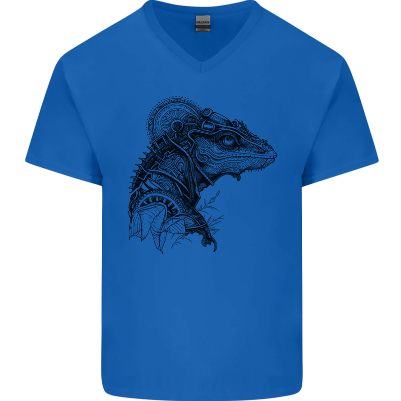 A Steampunk Iguana Lizard Reptiles Mens V-Neck Cotton T-Shirt Royal Blue