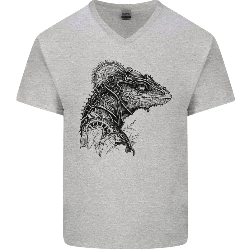 A Steampunk Iguana Lizard Reptiles Mens V-Neck Cotton T-Shirt Sports Grey