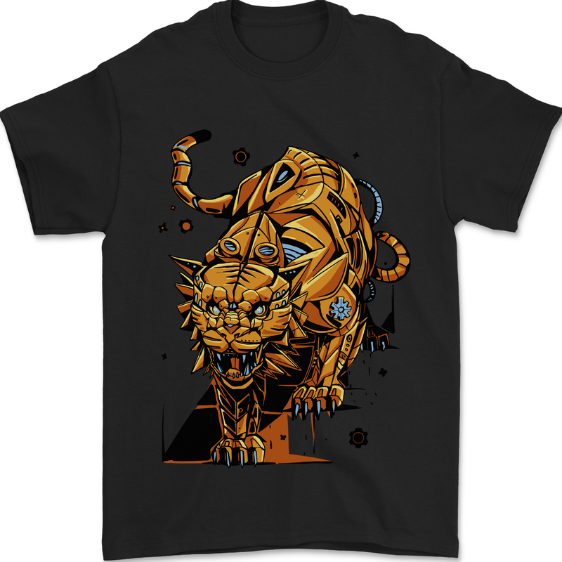 A Steampunk Lion Mens T-Shirt 100% Cotton Black