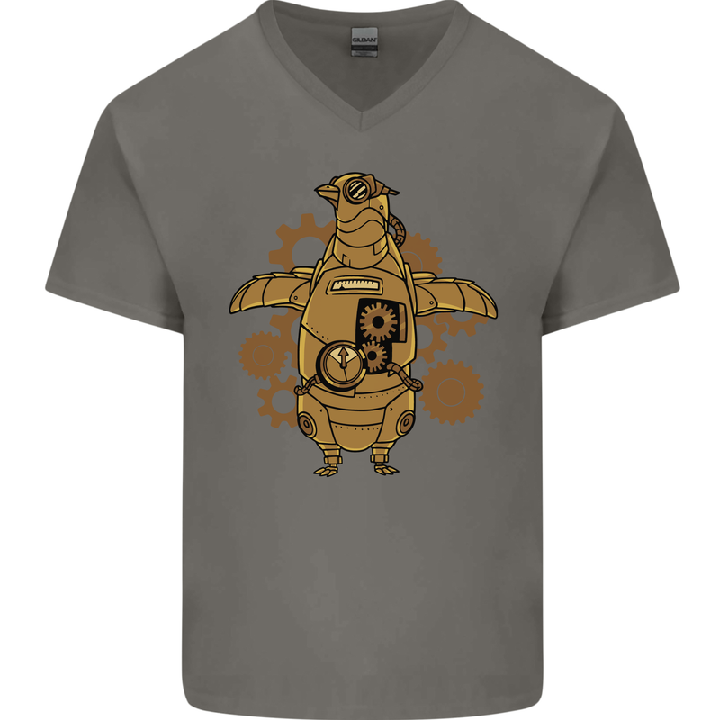 A Steampunk Penguin Mens V-Neck Cotton T-Shirt Charcoal