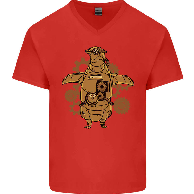 A Steampunk Penguin Mens V-Neck Cotton T-Shirt Red