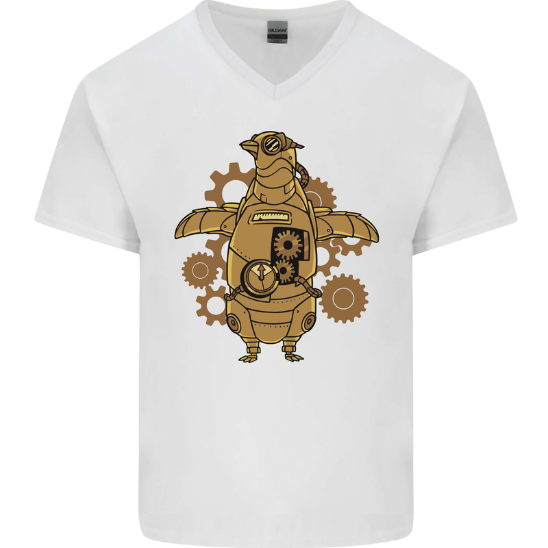 A Steampunk Penguin Mens V-Neck Cotton T-Shirt White