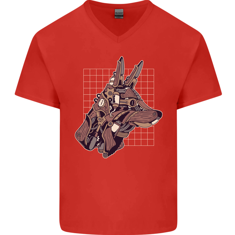 A Steampunk Wolf Mens V-Neck Cotton T-Shirt Red