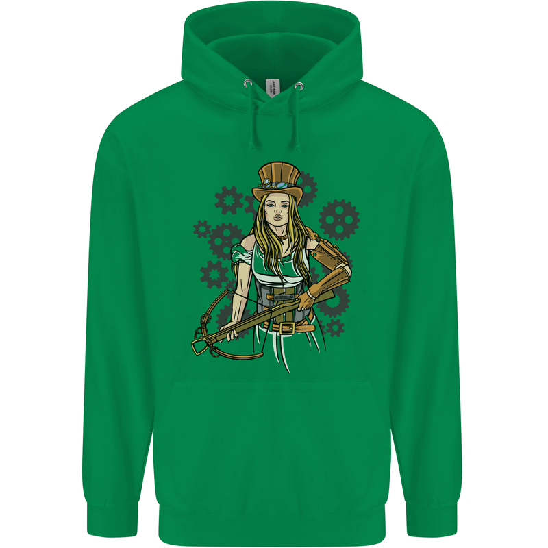 A Steampunk Woman With a Crossbow Childrens Kids Hoodie Irish Green