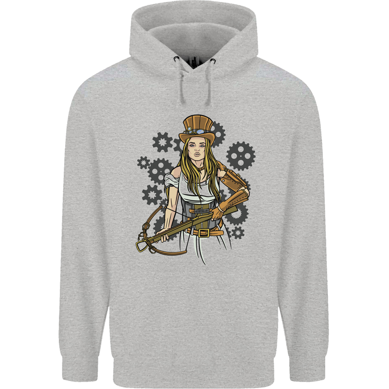 A Steampunk Woman With a Crossbow Childrens Kids Hoodie Sports Grey
