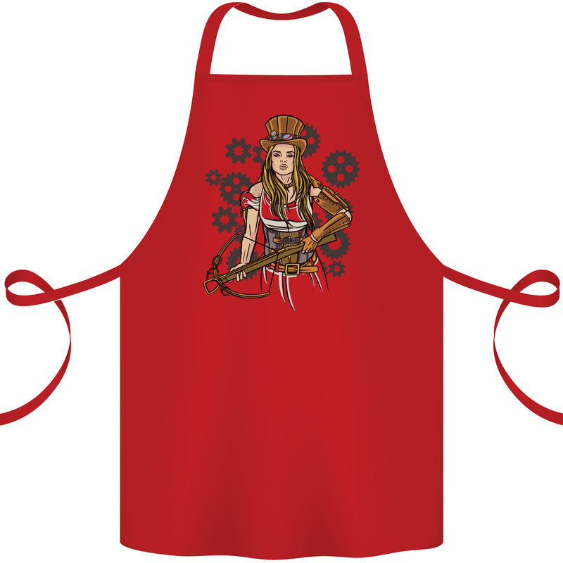 A Steampunk Woman With a Crossbow Cotton Apron 100% Organic Red